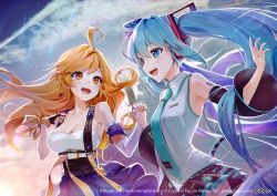 Rule 34 | 2girls, :d, ahoge, aqua necktie, bare shoulders, belt, black gloves, black skirt, blonde hair, blue eyes, blue hair, blush, breasts, cleavage, commentary request, detached sleeves, figure story, fingerless gloves, gloves, gotou (nekocat), grey shirt, hair ornament, hatsune miku, holding hands, large breasts, long hair, looking at another, miniskirt, multiple girls, necktie, open mouth, outdoors, pleated skirt, purple skirt, shirt, skirt, sleeveless, sleeveless shirt, smile, strapless, suspenders, tube top, twintails, upper body, vocaloid, white belt, yellow eyes, yuki (figure story)