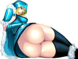 Rule 34 | 1girl, ass, bad id, bad pixiv id, black thighhighs, blonde hair, breasts, brooch, cape, crystal maiden, dota (series), dota 2, elbow gloves, forehead jewel, fur trim, gloves, green eyes, highres, hood, jewelry, kumiko shiba, large breasts, lying, no panties, on side, rylai, solo, thighhighs, underwear