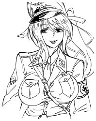 Rule 34 | 1girl, armband, bad id, bb (baalbuddy), between breasts, breasts, closed mouth, collared jacket, collared shirt, greyscale, high school dxd, himejima akeno, inactive account, jacket, large breasts, long hair, looking at viewer, military, military uniform, monochrome, nazi, nazi flag, necktie, shirt, simple background, skull and crossbones, smile, solo, strap between breasts, swastika, uniform, upper body, white background, wing collar