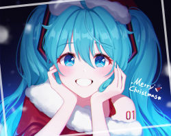 Rule 34 | 1girl, absurdres, ahoge, aqua hair, bad id, bad pixiv id, blue eyes, blue nails, blush, christmas, collarbone, commentary request, framed, fur-trimmed jacket, fur trim, grin, gya (144), hair between eyes, hands up, hat, hatsune miku, highres, huge filesize, jacket, long hair, merry christmas, nail polish, santa hat, short sleeves, shoulder tattoo, single bare shoulder, smile, solo, tattoo, twintails, very long hair, vocaloid
