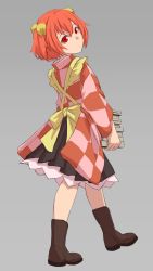 Rule 34 | 1girl, apron, back, bell, book, book stack, boots, bow, checkered clothes, checkered kimono, full body, grey background, hair bell, hair ornament, japanese clothes, kimono, kurione (zassou), long sleeves, looking at viewer, looking back, motoori kosuzu, orange hair, red eyes, shirt, simple background, skirt, solo, touhou, twintails, two side up, wide sleeves