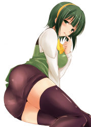 Rule 34 | 1girl, :o, aoi (konbini), arm support, ass, black skirt, black thighhighs, blunt bangs, blush, bow, bowtie, breasts, dress shirt, finger to mouth, from behind, green eyes, green hair, hairband, highres, idolmaster, idolmaster (classic), long sleeves, looking at viewer, lying, matching hair/eyes, miniskirt, mole, mole under mouth, on side, open mouth, otonashi kotori, pantylines, pencil skirt, reclining, shirt, short hair, simple background, skirt, solo, thighhighs, vest, white background, white shirt
