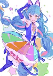 Rule 34 | 1girl, animal ears, blue choker, blue gloves, blue hair, brooch, cat ears, cat tail, choker, cure cosmo, fur-trimmed gloves, fur trim, gloves, highres, jewelry, long hair, magical girl, multicolored clothes, multicolored skirt, open mouth, precure, rainbow skirt, seika (yuimarutoka0219), skirt, sleeveless, smile, solo, star brooch, star twinkle precure, tail, tail ornament, tail ring, twintails, yellow eyes, yuni (precure)