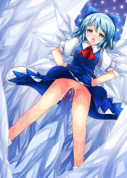 Rule 34 | 1girl, 90i, blood, blue eyes, blue hair, bottomless, bow, cirno, dress, fairy, female ejaculation, guro, hands on own hips, highres, matching hair/eyes, orgasm, pussy, pussy juice, pussy pain, ribbon, solo, spikes, tears, touhou, uncensored, vaginal, defloration, wings