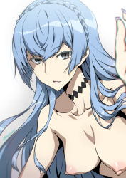 Rule 34 | 10s, 1girl, blue hair, braid, breasts, female focus, french braid, gradient background, grey eyes, hanging breasts, joy ride, kiznaiver, long hair, looking at viewer, nipples, nude, open mouth, small breasts, solo, sonozaki noriko