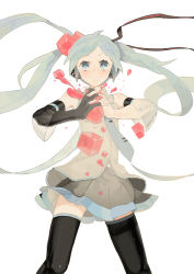 Rule 34 | 1girl, aqua eyes, aqua hair, asymmetrical clothes, bare shoulders, black thighhighs, cube, detached sleeves, elbow gloves, fingerless gloves, freely tomorrow (vocaloid), gloves, hatsune miku, headphones, highres, interlocked fingers, kaninn, light smile, long hair, nail polish, necktie, own hands clasped, own hands together, single glove, skirt, solo, thighhighs, twintails, vocaloid
