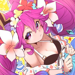 Rule 34 | 1girl, bare shoulders, bracelet, breasts, cleo (dragalia lost), closed mouth, dragalia lost, flower, hair flower, hair ornament, highres, jewelry, large breasts, long hair, nakabayashi zun, official alternate costume, pink hair, purple eyes, swimsuit, twintails, very long hair