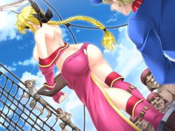 Rule 34 | 1girl, arkham, ass, back, bandana, blindfold, blonde hair, boots, braid, breasts, breasts out, butt crack, cloud, execution, eyepatch, facial hair, game cg, hanged, large breasts, legs, long hair, multiple boys, mustache, nipples, no panties, noose, onna kaizoku queen barbarigo, open mouth, peril, pirate, rope, ship, single braid, sky, standing, sue-markii, thighs, torn clothes, watercraft