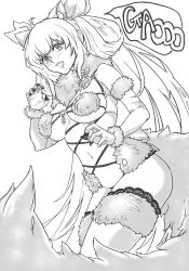 Rule 34 | 1girl, animal ear fluff, animal ears, bikini, breasts, claw pose, claws, cleavage, cosplay, detached sleeves, dizzy (guilty gear), fangs, fate/grand order, fate (series), fur collar, fur trim, greyscale, guilty gear, hair ribbon, hair rings, lace, lace-trimmed legwear, lace trim, large breasts, looking at viewer, mash kyrielight, mash kyrielight (dangerous beast), mash kyrielight (dangerous beast) (cosplay), mature female, monochrome, monster girl, navel, o-ring, o-ring bikini, o-ring top, ribbon, skindentation, solo, speech bubble, swimsuit, tail, thick thighs, thighhighs, thighs, twintails