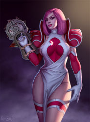Rule 34 | 1girl, armor, breast petals, breasts, gloves, highres, janet, pink hair, quake, quake 3 arena, quake live, short hair, shoulder armor, tagme, thigh bands, thighs, weapon