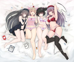 Rule 34 | 4girls, absurdres, arm up, babydoll, bandaged arm, bandages, bare legs, bare shoulders, barefoot, bed sheet, black babydoll, black hair, black legwear, black panties, blunt bangs, blush, bottle, bow, bow bra, bow panties, bra, breasts, brown hair, chain, cleavage, clipboard, collarbone, commentary request, crossover, feet, frilled panties, frills, garter belt, gluteal fold, groin, hair bobbles, hair ornament, hand up, hands up, hat, hell&#039;s channel, highres, indie virtual youtuber, knee up, long hair, lying, mask, medium breasts, minai karte, mouth mask, multiple crossover, multiple girls, nail polish, natori sana, navel, no shoes, on back, on side, open mouth, panties, parted lips, pill, pink nails, pink panties, red bra, red eyes, red hat, red panties, rokudou mei, sana channel, small breasts, socks, stethoscope, surgical mask, syringe, takajin-chan, takajin-channel, temari rin, thighhighs, toenail polish, toenails, toes, twintails, underwear, underwear only, very long hair, virtual youtuber, white bra, white panties