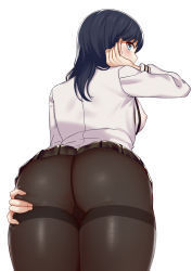 Rule 34 | 10s, 1girl, adjusting hair, arm up, ass, bad id, bad pixiv id, black hair, black pantyhose, black skirt, blue eyes, blush, breasts, covered erect nipples, from behind, from below, gridman universe, gusset, highres, jacket, long hair, long sleeves, looking at viewer, looking back, looking down, medium breasts, microskirt, nipples, pantyhose, pussy, see-through, simple background, skirt, solo, spread ass, ssss.gridman, takarada rikka, thighband pantyhose, thighs, uncensored, upskirt, white background, white jacket, yizhirenben