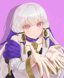 Rule 34 | 1girl, bare shoulders, blush, closed mouth, collarbone, commentary request, detached collar, dress, fire emblem, fire emblem: three houses, gold trim, highres, iipzeyjhms0dohl, long hair, looking at viewer, lysithea von ordelia, nintendo, pink background, pink eyes, purple dress, reaching, reaching towards viewer, shadow, simple background, smile, solo, veil, very long hair, white hair, white sleeves