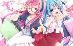 Rule 34 | 2girls, :d, ;p, bag, blue hair, bow, fingernails, glass, glasses, hairband, handbag, hatsune miku, highres, jewelry, kuroi (liar-player), lipstick, long hair, makeup, megurine luka, multiple girls, nail polish, necklace, one eye closed, open mouth, pants, pink hair, pointing, red-framed eyewear, shoes, shopping bag, simple background, skirt, smile, tongue, tongue out, vocaloid