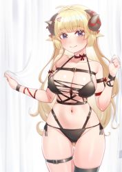 Rule 34 | 1girl, ahoge, animal ears, bare shoulders, bikini, black bikini, black thighhighs, blonde hair, blush, breasts, choker, collarbone, gluteal fold, hair ornament, hairclip, halterneck, highres, hololive, horn ornament, horn ribbon, horns, kourui, large breasts, long hair, looking at viewer, purple eyes, red choker, red ribbon, ribbon, ribbon choker, sheep ears, sheep girl, sheep horns, side-tie bikini bottom, single thighhigh, skindentation, smile, solo, standing, string bikini, swimsuit, thigh strap, thighhighs, tsunomaki watame, tsunomaki watame (1st solo live), virtual youtuber