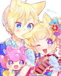 Rule 34 | 1boy, 1girl, ;d, animal ears, blonde hair, blue eyes, blue gloves, blue kimono, blush, brother and sister, cat ears, commentary request, flower, gloves, hair flower, hair ornament, hands up, idol time pripara, japanese clothes, kimono, looking at another, looking at viewer, one eye closed, open mouth, paw pose, pretty series, pripara, puff of air, punicorn, purple eyes, red kimono, ringlets, short hair, siblings, smile, touyama soboro, twitter username, two side up, upper body, yumekawa shogo, yumekawa yui
