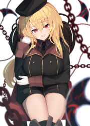 Rule 34 | 1girl, absurdres, black necktie, black thighhighs, blonde hair, blurry, blush, boots, breasts, buttons, chain, chair, depth of field, double-breasted, elbow rest, gloves, hair between eyes, hand on own cheek, hand on own face, head on hand, hebijo academy uniform, highres, large breasts, long hair, looking at viewer, necktie, nodoameyatou, red eyes, school uniform, senran kagura, senran kagura new link, senran kagura new wave, simple background, sitting, smile, smirk, solo, souji (senran kagura), spiked chain, thigh boots, thighhighs, thighs, white background, white gloves