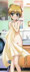 Rule 34 | 10s, 1girl, absurdres, blonde hair, blush, collarbone, copyright name, covering privates, dog days, eyebrows, flower pot, green eyes, groin, hair between eyes, highres, indoors, long image, mile, naked towel, navel, nude, nude cover, official art, plant, ponytail, potted plant, rebecca anderson, short hair, solo, tall image, toothbrush, towel, washbowl, washing machine