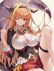 Rule 34 | 1girl, ahoge, black bow, black jacket, blonde hair, bow, braid, breasts, brooch, cleavage, commentary request, dragon horns, grin, hair intakes, highres, hololive, horn bow, horn ornament, horns, jacket, jewelry, kiryu coco, kiryu coco (1st costume), knee up, large breasts, long hair, looking at viewer, middle finger, miniskirt, multicolored hair, myung yi, one eye closed, orange hair, pleated skirt, red eyes, red skirt, shirt, single braid, sitting, skirt, smile, solo, streaked hair, thighs, very long hair, virtual youtuber, white shirt