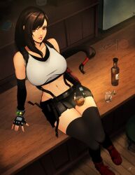 Rule 34 | 1girl, bare shoulders, belt, belt buckle, black belt, black gloves, black hair, black skirt, black sleeves, black thighhighs, breasts, brown eyes, buckle, collarbone, commentary, crop top, detached sleeves, eightyfourart, english commentary, final fantasy, final fantasy vii, final fantasy vii remake, fingerless gloves, gloves, highres, indoors, italian flag, large breasts, lips, long hair, looking at viewer, midriff, miniskirt, navel, parted lips, pink lips, red footwear, shoes, sitting, skirt, smile, solo, swept bangs, tank top, thighhighs, thighs, tifa lockhart, very long hair, white tank top