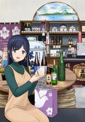 Rule 34 | 1girl, alcohol, bag, black hair, blue eyes, bottle, brown dress, commentary request, dress, earrings, green sweater, hair down, hitakikan, jewelry, kantai collection, long hair, looking at viewer, official alternate costume, official alternate hairstyle, sake, sake bottle, shopping bag, sitting, smile, solo, souryuu (kancolle), sweater