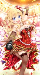 Rule 34 | 10s, 1girl, absurdres, anklet, black gloves, black thighhighs, blonde hair, blue eyes, breasts, cleavage, dress, gloves, highres, idolmaster, idolmaster cinderella girls, idolmaster cinderella girls starlight stage, jewelry, leg up, long hair, looking at viewer, microphone, necklace, ohtsuki yui, open mouth, petals, red dress, smile, solo, standing, standing on one leg, thighhighs, yukko