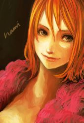 Rule 34 | 1girl, bad id, bad pixiv id, black background, brown eyes, character name, feather boa, female focus, lips, looking at viewer, nami (one piece), one piece, one piece: strong world, orange hair, portrait, simple background, smile, solo, tsuyomaru
