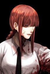 Rule 34 | 1girl, black background, black necktie, blood, blood on clothes, braid, braided ponytail, breasts, chainsaw man, collared shirt, formal, highres, hoshi san 3, long hair, long sleeves, makima (chainsaw man), medium breasts, necktie, red hair, ringed eyes, shirt, simple background, solo, suit, white shirt, yellow eyes