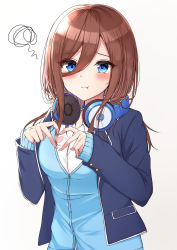 Rule 34 | absurdres, aqua cardigan, blue eyes, blue jacket, blush, breasts, brown hair, cardigan, commentary request, finger heart, go-toubun no hanayome, hair between eyes, headphones, headphones around neck, highres, jacket, long hair, looking at viewer, medium breasts, nakano miku, open clothes, open jacket, pout, shirt, simple background, solo, squiggle, white background, white shirt, yukiunag1