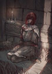 Rule 34 | 1girl, amputee, black gloves, blood, blood on clothes, boots, brown footwear, candle, cape, closed mouth, commentary request, dress, elden ring, fire, gloves, grass, grey dress, grey eyes, hair over one eye, head tilt, highres, lips, looking at viewer, millicent (elden ring), nira (nira box), one eye covered, red hair, seiza, short hair, single glove, sitting, solo, white cape