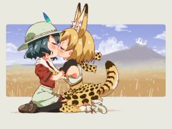 Rule 34 | 2girls, animal ears, black gloves, black hair, black pantyhose, blonde hair, blush, boots, bow, bowtie, brown footwear, cat ears, cat girl, cat tail, closed eyes, commentary request, elbow gloves, gloves, hands on another&#039;s shoulders, hat feather, helmet, high-waist skirt, highres, kaban (kemono friends), kemono friends, kiss, kneeling, loafers, multiple girls, pantyhose, pith helmet, polyushitako, print bow, print bowtie, print gloves, print skirt, print thighhighs, red shirt, seiza, serval (kemono friends), serval print, shirt, shoes, short hair, short sleeves, sitting, skirt, t-shirt, tail, thighhighs, white footwear, yuri, zettai ryouiki