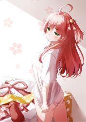 Rule 34 | 1girl, absurdres, ahoge, alternate costume, ass, blush, cherry blossom print, clothes on bed, floral print, green eyes, hair ornament, hair over shoulder, hairclip, highres, hololive, long hair, no pants, nyan (reinyan 007), one side up, panties, paw print, paw print pattern, pink hair, sakura miko, sakura miko (1st costume), see-through, shirt, shirt tug, solo, underwear, virtual youtuber, white panties, white shirt