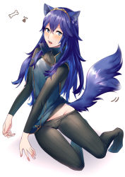 Rule 34 | 1girl, ameno (a meno0), animal ears, armor, black sweater, blue hair, blue shirt, blush, commentary request, dog ears, dog tail, fingerless gloves, fire emblem, fire emblem awakening, full body, gloves, gold trim, hair between eyes, long hair, long sleeves, lucina (fire emblem), nintendo, no shoes, open mouth, ribbed sweater, shirt, shoulder armor, solo, sweater, tail, tiara, turtleneck, turtleneck sweater