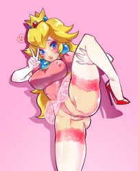 Rule 34 | 1girl, absurdres, anus, anus peek, breasts, censored, covered navel, cowboy shot, erect clitoris, female focus, freakylucky, high heels, highres, leg lift, leotard, mario (series), nintendo, nipples, nude, partially visible vulva, pointless censoring, princess peach, pussy, pussy peek, shoes, solo, spread legs, standing, super mario bros. 1, thighhighs, thighs, tutu, v