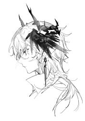Rule 34 | 1boy, absurdres, bishounen, check copyright, chinese commentary, closed mouth, collared shirt, commentary request, copyright request, cropped torso, demon horns, earrings, expressionless, eyelashes, feather hair ornament, feathers, from side, greyscale, hair ornament, high collar, highres, horns, indai (3330425), jewelry, long hair, male focus, mole, mole under eye, monochrome, nostrils, original, pointy ears, pointy nose, shirt, simple background, sketch, solo, white background