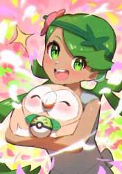 Rule 34 | 1girl, :d, absurdres, bare arms, blush, commentary request, creatures (company), eyelashes, flower, friend ball, game freak, gen 7 pokemon, green eyes, green hair, grey overalls, hair flower, hair ornament, highres, holding, holding poke ball, long hair, looking at viewer, mallow (pokemon), nintendo, open mouth, overalls, pink flower, poke ball, pokemon, pokemon (creature), pokemon sm, rowlet, sleeveless, smile, sparkle, swept bangs, taisa (lovemokunae), teeth, tongue, twintails, upper body