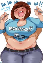 Rule 34 | 1girl, bad id, bad pixiv id, belly, belly grab, belt, big belly, blush, breasts, brown hair, cleavage, closed eyes, cow, denim, earrings, english text, fat, fat rolls, grabbing, grabbing from behind, hands up, highres, huge breasts, jeans, jewelry, large breasts, laughing, lightsource, love handles, muffin top, nail polish, navel, open mouth, original, pants, plump, purin (lightsource), shirt, short hair, standing, tearing up, tears, thick eyebrows, thick thighs, thighs, tickling, tickling sides, white background, wide hips