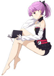 Rule 34 | 1girl, alternate hairstyle, bare shoulders, barefoot, book, bow, detached sleeves, fate/grand order, fate (series), flat chest, full body, hair bow, helena blavatsky (fate), looking at viewer, looking to the side, plantar flexion, purple eyes, purple hair, sefirot, shiime, short hair, short ponytail, simple background, sketch, solo, strapless, white background