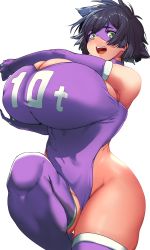 Rule 34 | 10-ton, 1girl, armpits, bare shoulders, black hair, boku no hero academia, breasts, elbow gloves, gloves, green eyes, highres, huge breasts, mask, open mouth, pekoneko, purple gloves, purple thighhighs, short hair, simple background, skindentation, solo, thick thighs, thighhighs, thighs, white background, wide hips