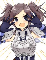 Rule 34 | 1girl, armor, arms up, blue gloves, cynthia (fire emblem), fire emblem, fire emblem awakening, gloves, grey eyes, grey hair, looking at viewer, nintendo, open mouth, sidelocks, solo, twintails, upper body, yukia (firstaid0)