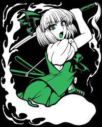 Rule 34 | 1girl, ascot, black background, frown, ghost, ghost tail, green eyes, konpaku youmu, looking at viewer, macaroni and cheese (artist), open mouth, puffy sleeves, ribbon, sheath, sheathed, skirt, slashing, solo, sword, touhou, unsheathed, weapon, white hair