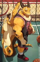 Rule 34 | 1boy, absurdres, artist name, ball, bara, basketball (object), basketball court, basketball hoop, basketball uniform, broken fang, chain-link fence, closed mouth, dragon boy, dragon horns, dragon tail, dragon wings, fence, from above, full body, furry, furry male, highres, holding, holding ball, horns, looking to the side, male focus, muscular, muscular male, nike (company), ophion (housamo), shoes, slit pupils, sneakers, solo, sportswear, tail, thick arms, tokyo houkago summoners, wings, yed (yedsilent), yellow scales