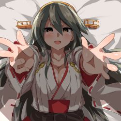 Rule 34 | 10s, 1girl, :d, bed sheet, breasts, brown eyes, cleavage, commentary request, detached sleeves, grey hair, hairband, haruna (kancolle), heart, heart-shaped pupils, kantai collection, large breasts, long hair, looking at viewer, lying, nontraditional miko, open mouth, pov, senshiya, shade, smile, solo, symbol-shaped pupils