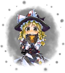 Rule 34 | 1girl, alternate costume, blonde hair, blush, bow, braid, brown eyes, byourou, capelet, female focus, gloves, hat, kirisame marisa, long hair, mini-hakkero, mushroom, pentagram, perfect cherry blossom, runny nose, scarf, side braid, snot, solo, star (symbol), touhou, witch, witch hat