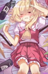 Rule 34 | 1girl, ascot, blonde hair, blush, bottle, cowboy shot, crying, crying with eyes open, crystal wings, dress, drunk, flandre scarlet, hand up, highres, on bed, one eye closed, puffy short sleeves, puffy sleeves, red dress, red eyes, short sleeves, solo, taki.a01, tears, touhou, wine bottle, yellow ascot