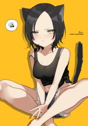 Rule 34 | 1girl, absurdres, animal ear fluff, animal ears, bare arms, bare shoulders, barefoot, black hair, black tank top, blue shorts, breasts, brown eyes, cat ears, cat girl, cat tail, closed mouth, collarbone, commentary request, cutoffs, forehead, frown, highres, medium breasts, original, parted bangs, short shorts, shorts, signature, sitting, sofra, solo, spoken squiggle, squiggle, stiff tail, tail, tail raised, tank top, twitter username, v-shaped eyebrows, yellow background