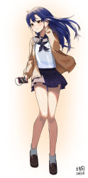 Rule 34 | 1girl, absurdres, ahoge, blue hair, blue sailor collar, blue skirt, blush, brown cardigan, brown eyes, brown footwear, cardigan, cellphone, closed mouth, collared shirt, dated, earphones, floating hair, full body, grey socks, hand in own hair, highres, holding, holding phone, idolmaster, idolmaster (classic), kisaragi chihaya, loafers, long hair, long sleeves, miniskirt, myeolchi, open cardigan, open clothes, phone, pleated skirt, sailor collar, sailor shirt, school uniform, serafuku, shirt, shoes, skirt, smartphone, smile, socks, solo, standing, white background, white shirt