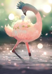 Rule 34 | 1other, animal, animal focus, bad id, bad pixiv id, bird, commentary request, crown, closed eyes, flamingo, flower, highres, lens flare, manino (mofuritaionaka), no humans, original, petals, smile, water