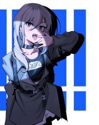 Rule 34 | 1girl, black choker, black shirt, blue background, chinese commentary, choker, coat, commentary request, earclip, finger in own mouth, girls band cry, grey coat, grey hair, haidao mao, highres, kawaragi momoka, long hair, looking at viewer, open mouth, shirt, solo, spotlight, tongue, tongue out, two-tone background, upper body, white background