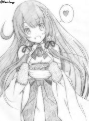 Rule 34 | 10s, 1girl, bare shoulders, chicken99, detached sleeves, dress, furisode, greyscale, hair ornament, hair ribbon, hair tubes, hakama, hakama skirt, heart, highres, japanese clothes, kantai collection, kimono, long hair, looking at viewer, low-tied long hair, mittens, mizuho (kancolle), monochrome, obi, ribbon, sash, simple background, skirt, smile, solo, spoken heart, twitter username, very long hair, white background, wide sleeves
